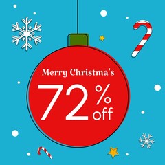 Merry Christmas tag discount with elements: snow, star and ball. In colors: blue, red, green and white