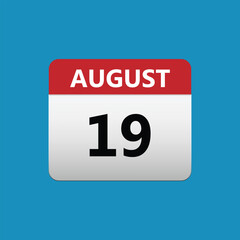 19th August calendar icon. August 19 calendar Date Month icon. Isolated on blue background