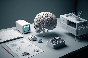 psychology lab with brain models and testing equipment, theme of psychology education made with generative ai