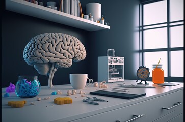 psychology lab with brain models and testing equipment, with a theme of psychology education made with generative ai