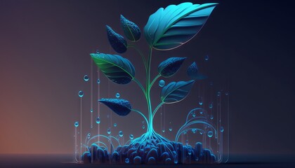 Abstract growing plant in soil with drop of water. Low poly style design. Generative ai
