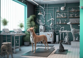 veterinary clinic with animal models and equipment, with a theme of veterinary education made with generative ai