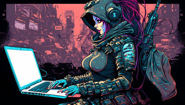 The cyberpunk hacker girl with her laptop