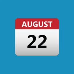 22th August calendar icon. August 22 calendar Date Month icon. Isolated on blue background