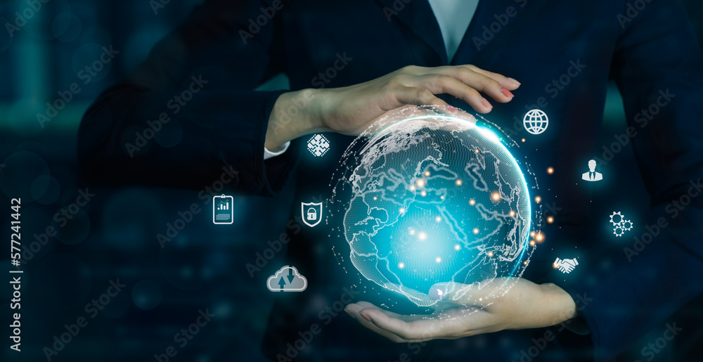 Poster hands holding and touch virtual global internet connection metaverse, business internet connection a