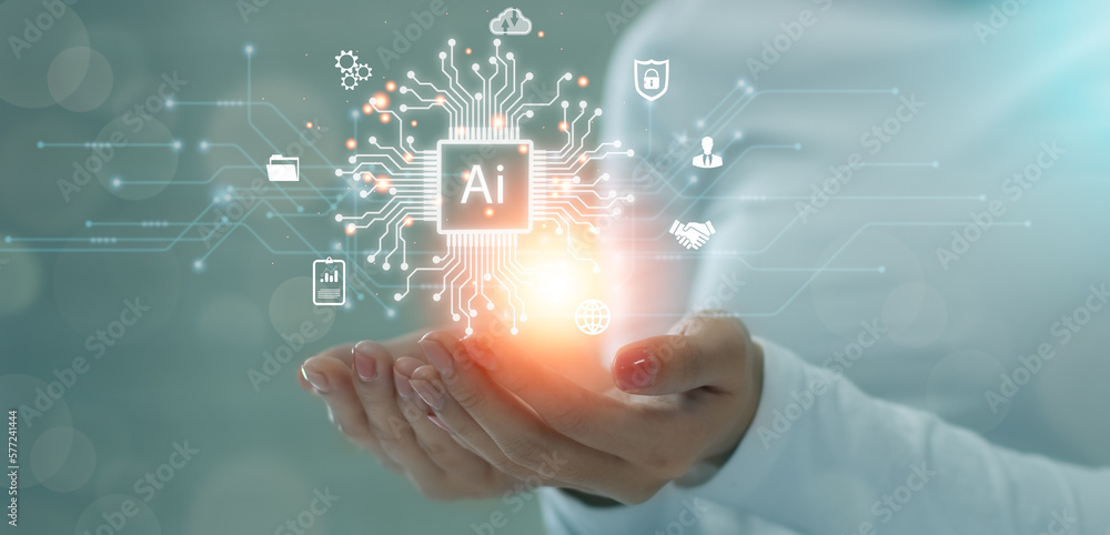 Poster ai machine learning technology concept. woman hold and connecting with ai brain big data white inter