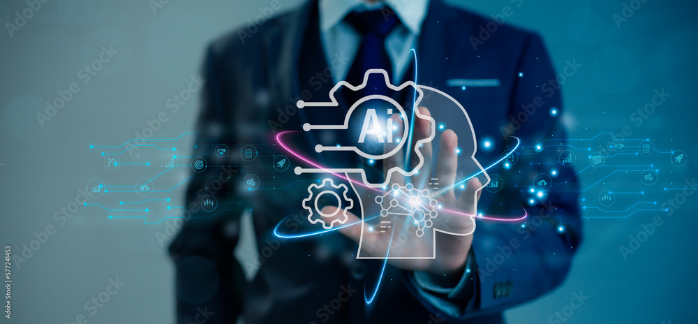 Aufkleber ai machine learning technology. businessman hand touching connecting with ai brain blurred man blue 