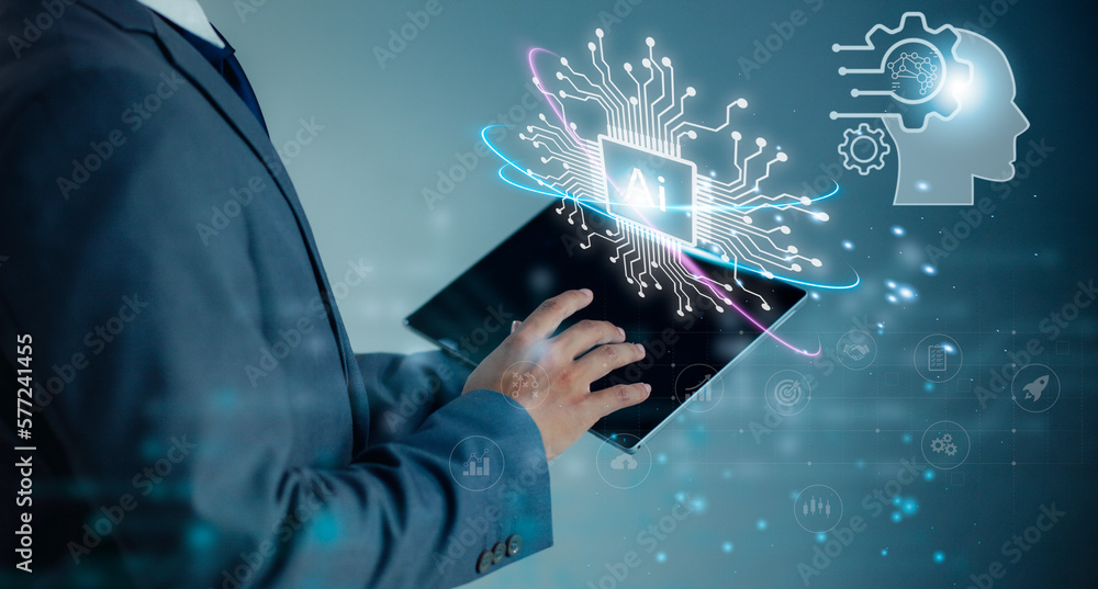 Poster ai machine learning intelligence technology. businessman using tablet finger touching screen to conn
