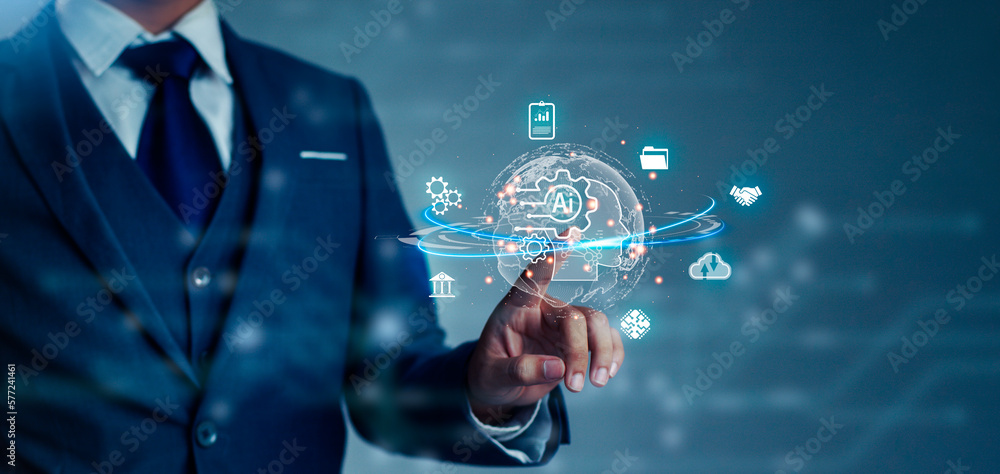 Poster businessman finger touching to connect with ai machine learning technology. global big data business