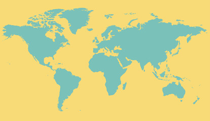 World map yellow and blue pastel illustration with continents, North and South America, Europe and Asia, Africa and Australia