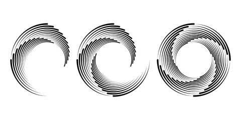 Set of speed lines in spiral form. Segmented circle. Geometric art. Circular shape. Trendy design element for vector dotted frame, round logo, tattoo, sign, symbol, web pages, print