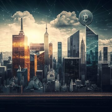a cityscape after cryptocurrency has taken over the world, bitcoin, ethereum