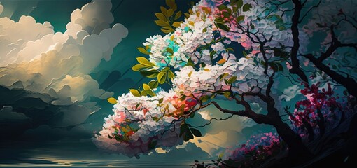 Abstract spring background. Flowers and Cherry Blossom trees. Seasonal bloom. Colorful wallpaper.