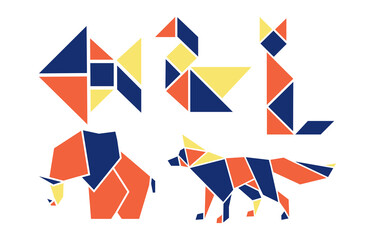 Fototapeta na wymiar Geometric colorfull origami animals vector simple template illustration cat, goose, wolf, lephant, fish, editable
