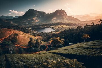 Tea plantations, tea fields in Sri Lanka generative AI - obrazy, fototapety, plakaty