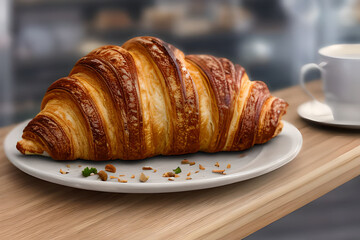 Croissant in a plate at the table blur or bokeh background.