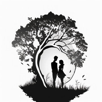 Beautiful, adorable, loving couple black and white image of silhouettes under tree