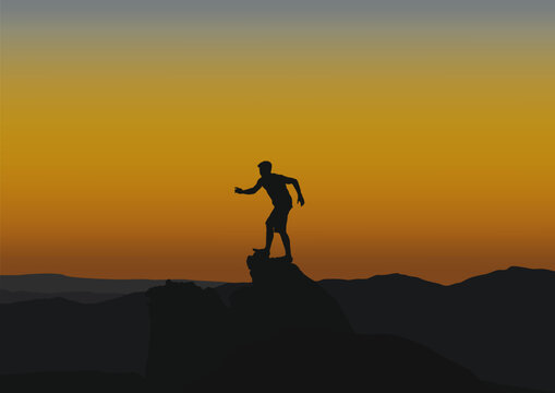silhouette of a person standing on a rock on the hill, vector illustration.