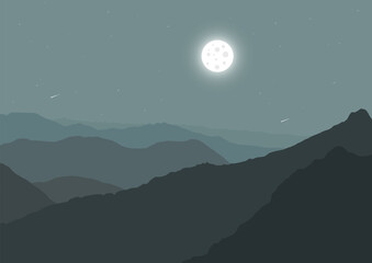 Fototapeta na wymiar night mountains with a full moon, vector illustration.