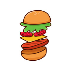 Floating Delicious Hamburger Cartoon Illustration