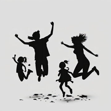 Beautiful, adorable, loving family with child black and white image of silhouettes in the park, hearts, love, calm, playful, jumping in midair, energetic