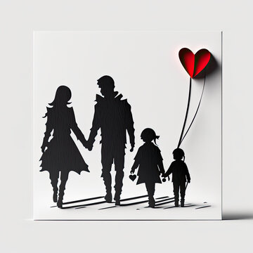 Beautiful, adorable, loving family with child black and white image of silhouettes in the park, hearts, love, calm, playful, with balloon