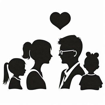 Beautiful, adorable, loving family with child black, white and red image of silhouettes, profile of their head, with a big heart outline, love, calm