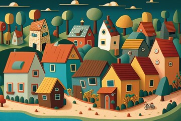 Vibrant Village Life: Colorful Painting of a Quaint Countryside Town, generative ai