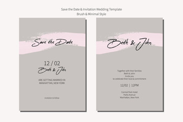Wedding invitation and save the date card template with brush gray neutral and minimalism.