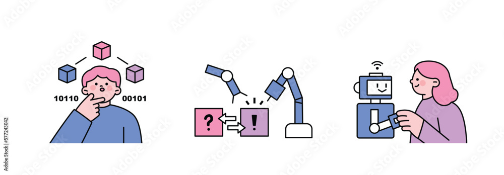 Poster the age of ai. intelligence meets technology. business concept illustration with people and icons. t