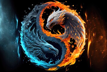 Fire Phoenix and Ice Dragon in the Yin and Yang on dark background. Abstract and Contrast symbol concept. Generative AI - obrazy, fototapety, plakaty
