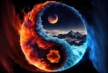Fire and Ice climate in the Yin and Yang on dark background. Abstract and Contrast symbol concept. Generative AI - obrazy, fototapety, plakaty