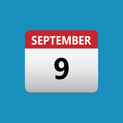 9th September calendar icon. September 9 calendar Date Month icon. Isolated on blue background