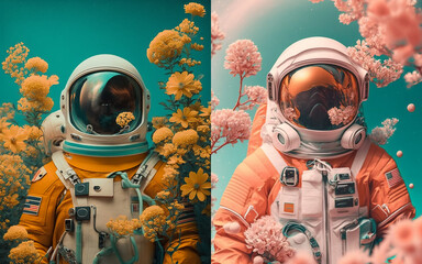 Surreal illustration of spaceman with flowers.  - obrazy, fototapety, plakaty