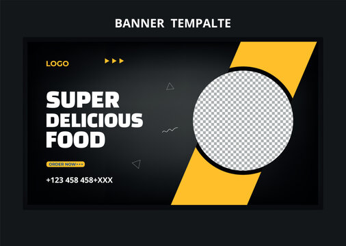 Restaurant Food Menu Social Media Marketing Web Banner. Pizza, Burger Or Hamburger Online Sale Promotion Video Thumbnail. Fast Food Website Background. Food Flyer With Logo And Business Icon.