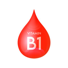 Drip vitamin B1 red icon 3D isolated on a white background. Drop minerals and vitamins complex realistic. Used for nutrition products food. Medical scientific concepts. Vector EPS10 illustration.