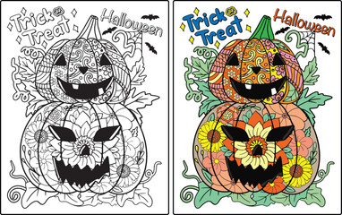 Trick or Treat Halloween Jack O’ Lanterns with flower, spider and pumpkins elements. Hand drawn lines. Doodles art for greeting cards, invitation or poster. Coloring book for adult and kids.
