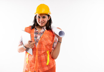 a female architect standing bring the digital tablet and put the paperwork on her shoulder on isolated background