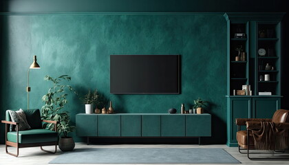 Living room with cabinet, modern room, concrete green color wall background, many tree in room