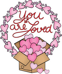 You are so loved font with hearts elements. Hand drawn with inspiration word. Doodles art for Valentine's day or Love Cards. Coloring for adult and kids. Vector Illustration
