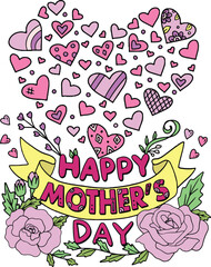 Happy Mother's day font with Hearts and rose. Hand drawn with black and white lines. Doodles art for Mother's day or greeting card. Coloring for adults and kids. Vector Illustration
