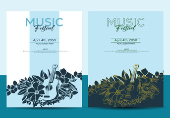 Music festival poster or flyer with guitar & flower vector illustration. Editable EPS.
