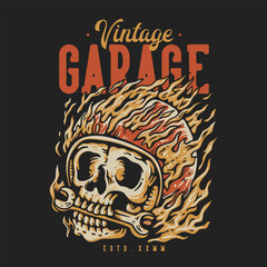 T Shirt Design Vintage Garage With On Fire Skull Wearing Helmet Vintage Illustration