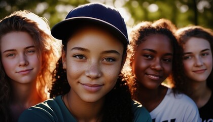 Group of Diverse and Empowered Multiracial Youth Female High School Students Working Together in Softball : Power of Collaboration in Clubs, Sports Teams (generative AI)