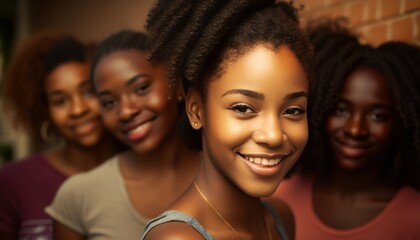 Obraz premium Group of Diverse and Empowered African American Black Youth Female High School Students Working Together in Economics Club : Power of Collaboration in Clubs, Sports Teams (generative AI)