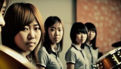 Fototapeta premium Group of Diverse and Empowered Asian Youth Female High School Students Working Together in Band : Power of Collaboration in Clubs, Sports Teams (generative AI)