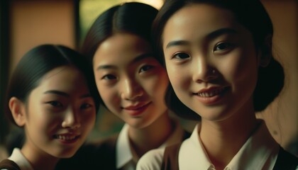 Obraz premium Group of Diverse and Empowered Asian Youth Female High School Students Working Together in Film Club : Power of Collaboration in Clubs, Sports Teams (generative AI)