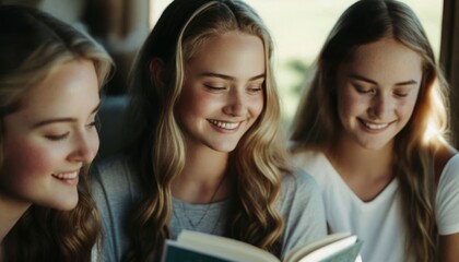 Obraz premium Group of Diverse and Empowered Caucasian White Youth Female High School Students Working Together in Book Club : Power of Collaboration in Clubs, Sports Teams (generative AI)