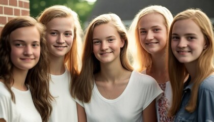 Obraz premium Group of Diverse and Empowered Caucasian White Youth Female High School Students Working Together in Economics Club : Power of Collaboration in Clubs, Sports Teams (generative AI)