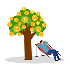 Man sitting under money tree in flat design on white background. Financial freedom concept vector illustration.